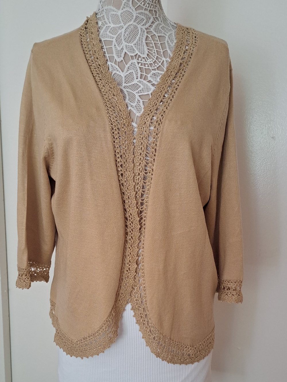 Lane Bryant Tan Open-Front Sweater Cardigan with Crochet Trim